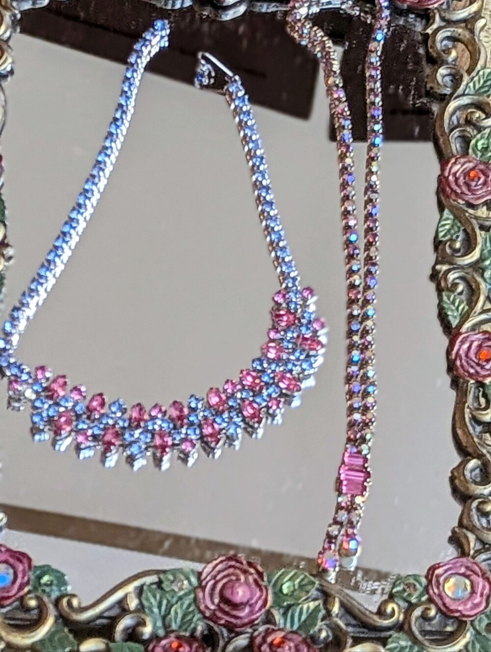 Vintage Pink and Blue Crystal Statement Necklace - Women Jewelry